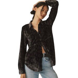 Pilcro Hadley Velvet Button Down Shirt Patch Pockets Relaxed Black and Grey XXS